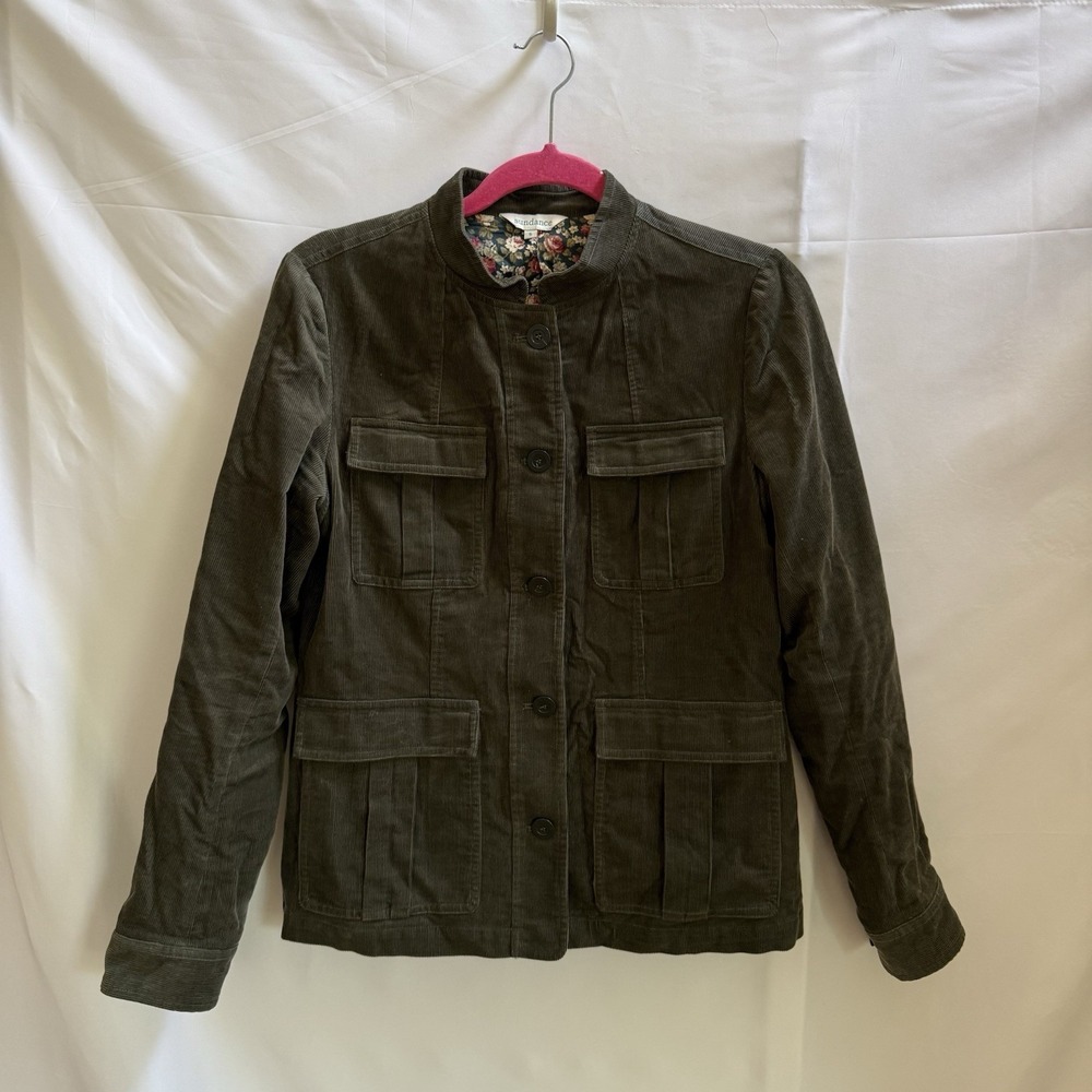 Sundance Corduroy Utility Military Jacket Green Womens Size S Buttons Pockets